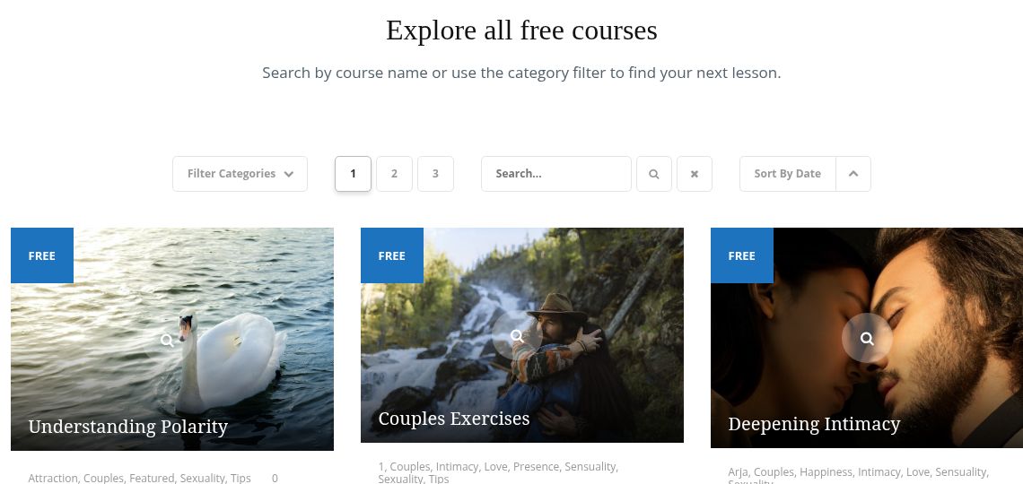 TantraLovers free course catalogue showing Understanding Polarity, Couples Exercises, and Deepening Intimacy.