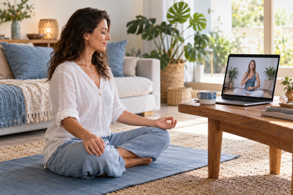 Woman practising breath awareness at home with an online instructor on her laptop
