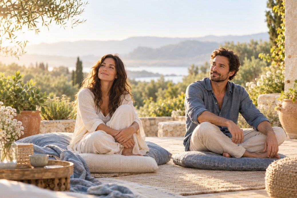 Two adults sitting on cushions on a sunlit garden terrace